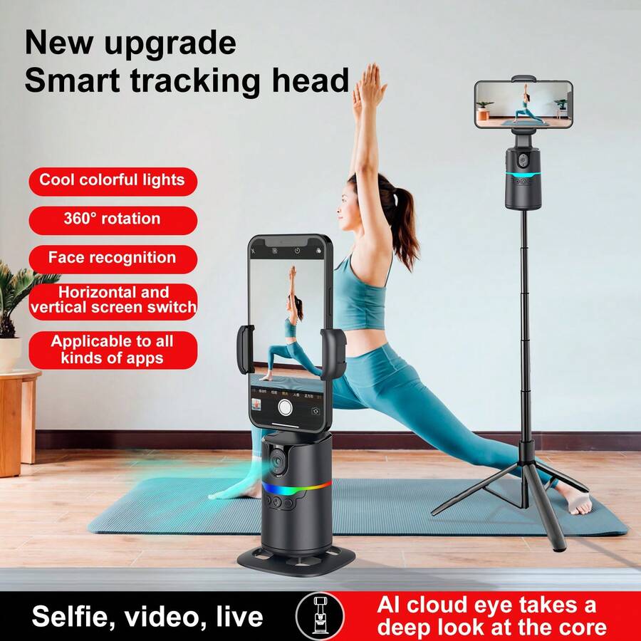 Automatic Face Tracking Phone Holder, 360° Rotating AI Smart Tracking Gimbal Stabilizer, With RGB Ambient Light, 1800mAh Rechargeable Selfie Stand, Supports Gesture And Remote Control, Suitable For Live Streaming, Vlog, Video Recording, No APP Required - Black - View 1