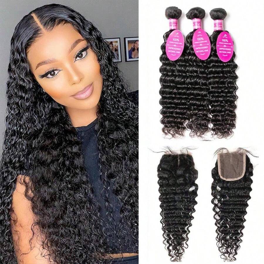VALLBEST Brazilian Deep Wave Bundles With Closure Virgin Human Hair Bundles With Closure 4*4 Lace Mixed Length Hair Bundles Natural Color For 100% Unprocessed Miss GAGA (16 18 20+14) - Natural Black - View 1