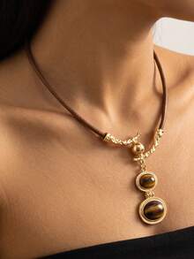 1pc Women's Woven Brown Leather Rope Necklace, Branch-Shaped Decorative Element, Double-Layer Oval Amber-Textured Stone Pendant, Vintage Textured Binding, Suitable For Daily Wear And Party Looks - Yellow Gold - View 3
