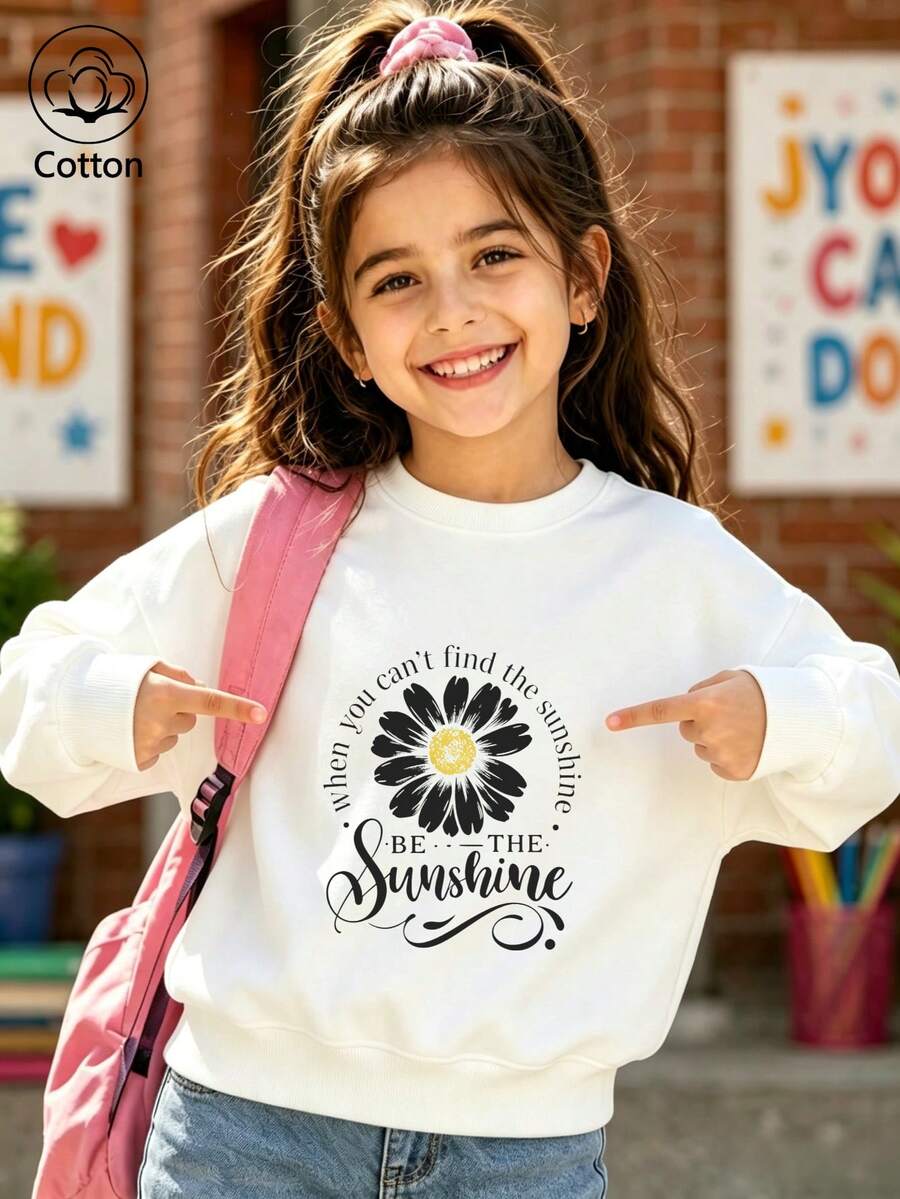 Girls' Cute Printed Drop-Shoulder Round-Neck Long-Sleeve Casual Sports Sweatshirt - White - View 1
