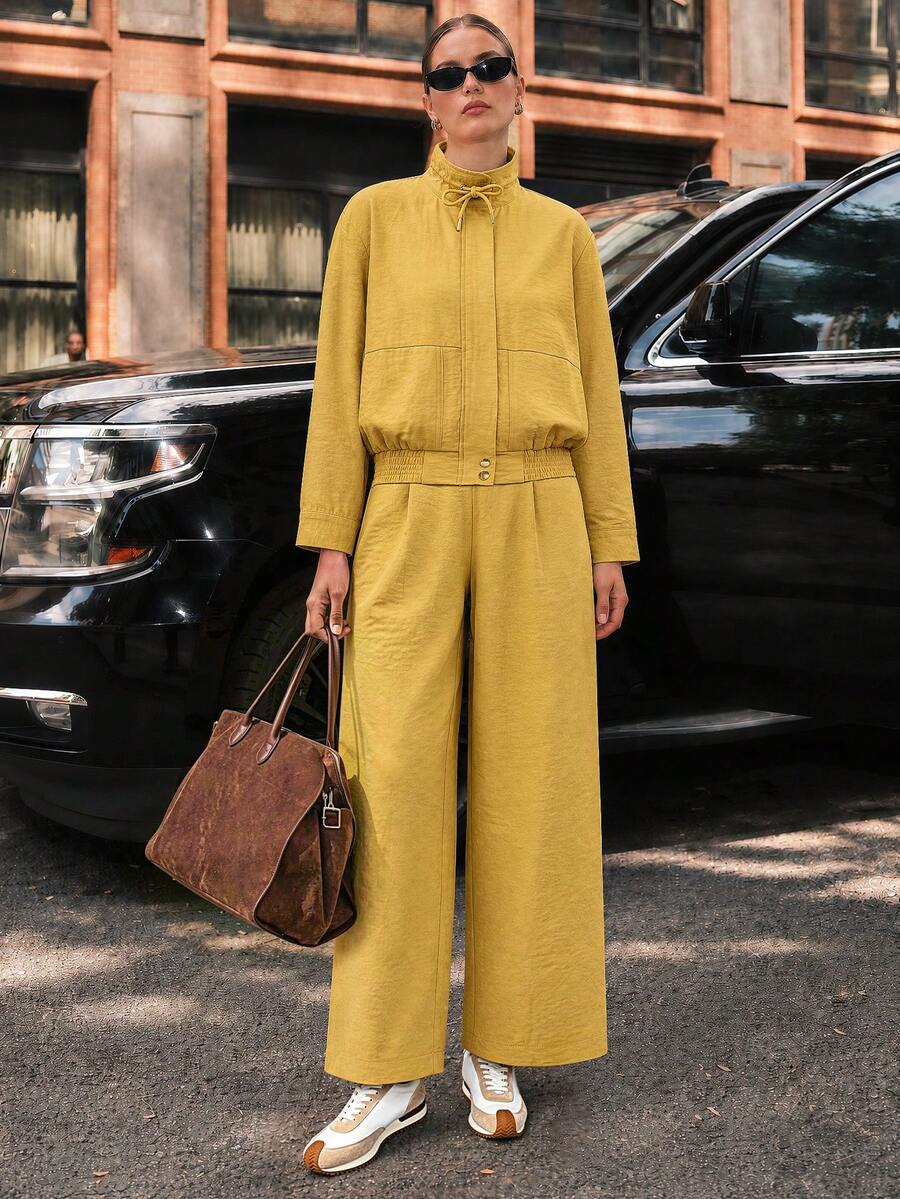 Sollinarry Women's Autumn/Winter New Solid Color Stand Collar Short Jacket & High Waist Pleated Wide Leg Pants 2 Pieces Set, Drawstring Neckline And Elastic Hem, Suitable For Commuting, Office, Casual Outings - Yellow - View 1