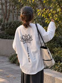 Women's Fashion Autumn/Winter Loose Minimalist Versatile Letter & Floral Print Long Sleeve T-Shirt - White - View 4