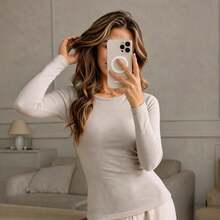 Women's Solid Color Round Neck Long Sleeve Thermal Base Layer Top - Khaki - View 4