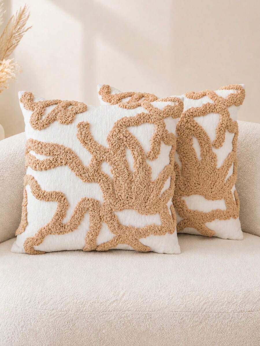 1件/2件波西米亞風簇絨抱枕套,奶油色雪尼爾刺繡靠墊套,抽象幾何線條枕套,適用沙發床,四季通用中性居家裝飾 - 駝色 - 查看 1