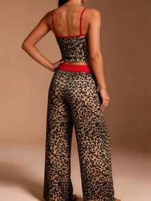 Women's Brown Leopard Print Red Contrast Trim 2 Pieces Set, Cropped Camisole Top With Drawstring Wide Leg Pants, Suitable For Streetwear - Brown - View 2