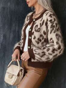 Women's Leopard Print Short Cardigan, Fashionable Round Neck Long Sleeve, Button Front, Polyester Material - Essential For And New Year Fall - Coffee Brown - View 6