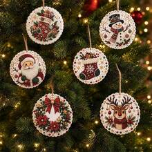 Set Dekorasi Natal Diamond Painting, Liontin Mosaik Rhinestone Bulat, Ornamen Pohon Natal Sinterklas Boneka Salju Rusa Kutub, Dekorasi Gantung Pohon Natal Rumah untuk Hari Raya - A - View 15