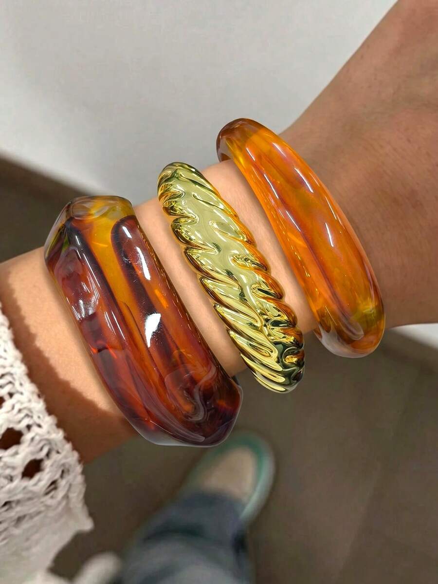 3pcs Vintage Elegant Maillard Casual Wide Exaggerated Bracelet Set, Suitable For Daily Wear, Dating, Holiday, Party, Vacation, Layering, Gift For Girlfriend, Gift For Mother - Multicolor D - View 1