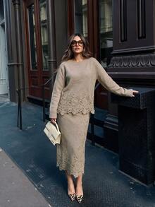 Novelle Women's Elegant Casual Camel Lace Trim Midi Skirt & Loose Knit Sweater 2 Pieces Set, Suitable For Dates, Parties, Formal Occasions, Office, Home, Daily Commute - Camel - View 1
