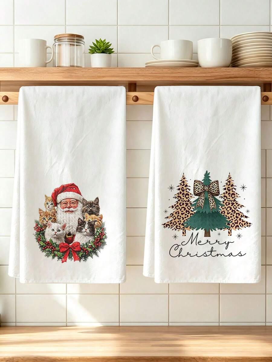 4pcs Kitchen Absorbent Towels, Made Of Polyester Material, Printed With Santa Claus And Tree Patterns, Suitable For Kitchen And Bathroom, Ideal Choice For Housewives And Family Gatherings, High Cost-Performance Home Decor And Room Decoration. - Multicolor - View 1