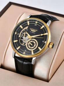 LONGLUX 1pc Men's Automatic Mechanical Watch, Luxury Business Multi-Dial PU Leather Strap Wristwatch - Black - View 2
