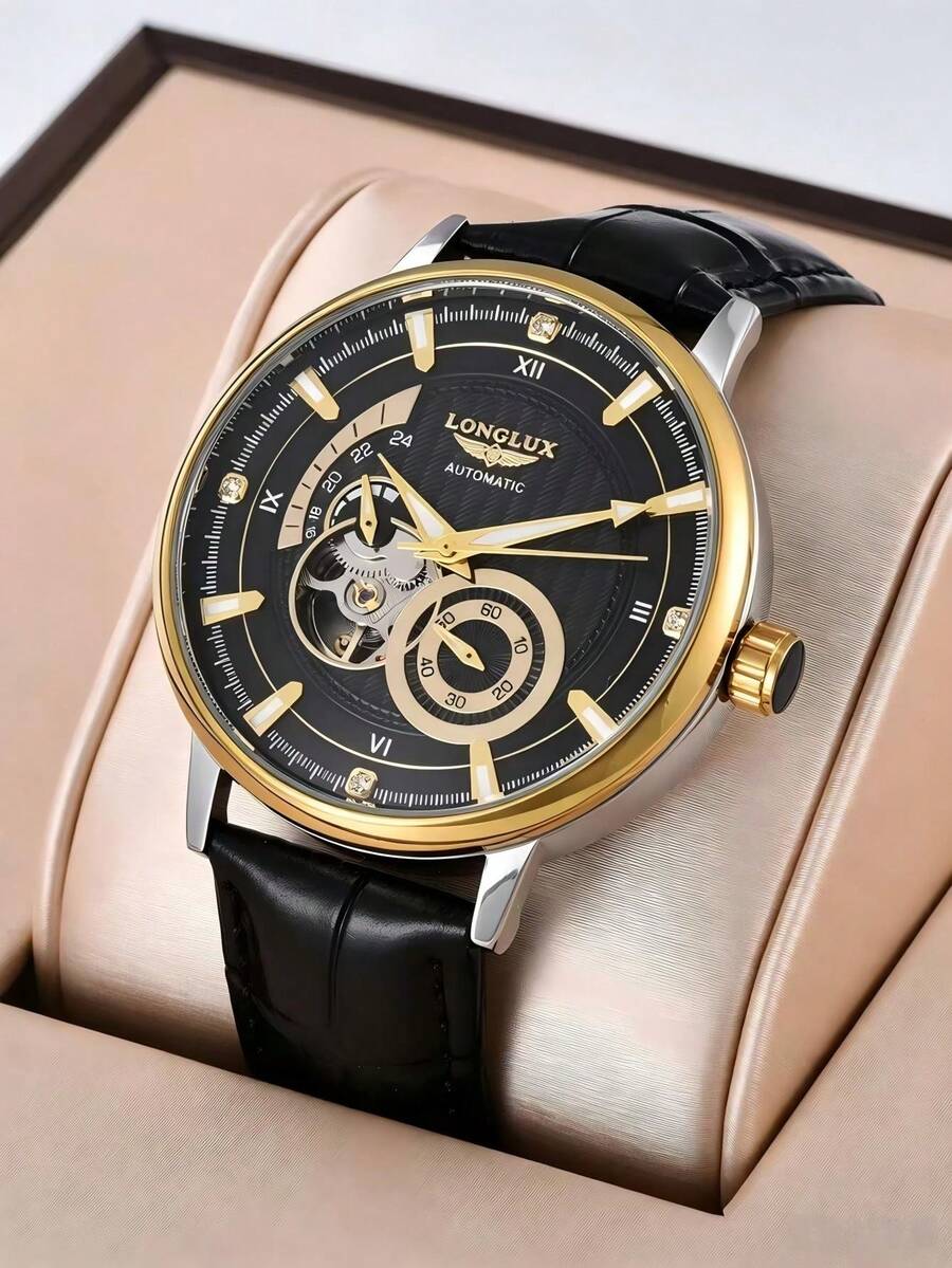 LONGLUX 1pc Men's Automatic Mechanical Watch, Luxury Business Multi-Dial PU Leather Strap Wristwatch
