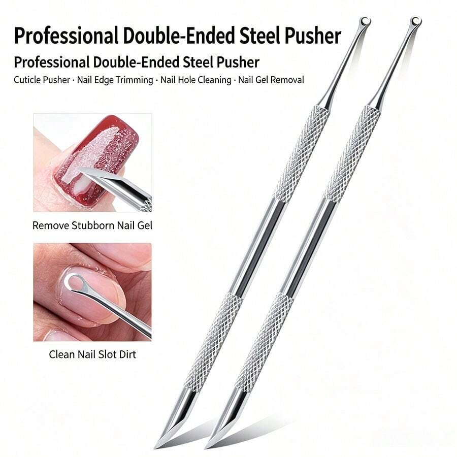 2-End Cuticle Pusher, Pre-Treatment Cuticle Pusher, Nail Art Dead Skin Remover Manicure Tool, Dead Skin Removal Tool, Suitable For Nail Cleaner Double-Sided Metal Stainless Steel Manicure (Silver) - Double-headed - View 1