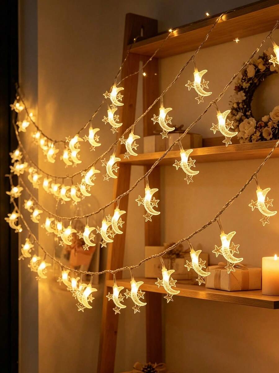 1.5/3/6m Moon & Star Fairy String Lights, Moon Light String, Suitable For Valentine's Day, New Year's Day, Daily Indoor Room, Party Decoration, Atmosphere Light String [Battery Not Included] Halloween, Holiday Gift Lights
