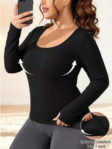 1pc Autumn/Winter Plus Size Brushed Fleece Long Sleeve Sports Sweatshirt, 2-In-1 Built-In Cup Holder Ribbed Knit Women's Top Black - Black - View 1