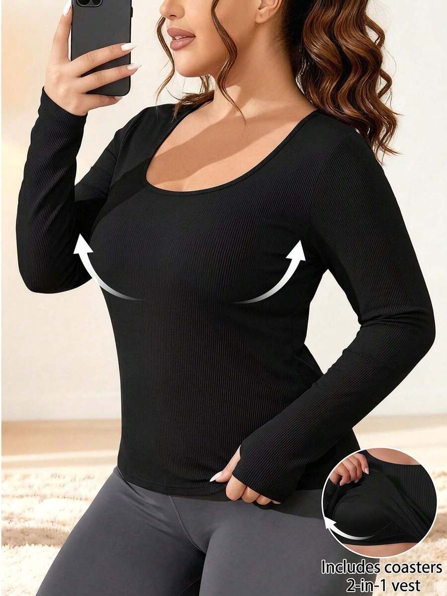 1pc Autumn/Winter Plus Size Brushed Fleece Long Sleeve Sports Sweatshirt, 2-In-1 Built-In Cup Holder Ribbed Knit Women's Top Black - Black - View 1