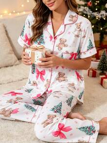 2pcs/Set Christmas Women's Pajama Set, Santa Claus Christmas Tree Cartoon Bear Print Pattern, 2-Piece Women's Short Sleeve Pajama Set, Lapel Short Sleeve Cardigan And Long Pants Set, Suitable For All Seasons, Home Wear, Comfortable And Loose - White - View 1