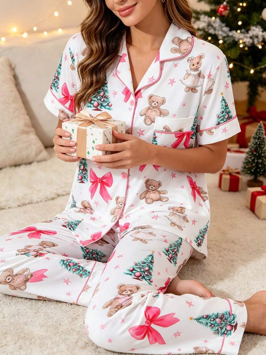 2pcs/Set Christmas Women's Pajama Set, Santa Claus Christmas Tree Cartoon Bear Print Pattern, 2-Piece Women's Short Sleeve Pajama Set, Lapel Short Sleeve Cardigan And Long Pants Set, Suitable For All Seasons, Home Wear, Comfortable And Loose - White - View 1