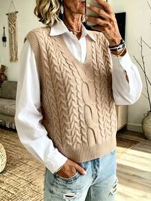 NZZOF Women's Cable Knit V-Neck Chunky Vest (Shirt Not Included) - Apricot - View 1