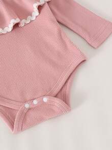 2pcs Baby Girl Pink Soft Cute Comfortable Ruffle Collar Ribbed Long Sleeve Bodysuit & Flared Pants Set, Thin Spring/Autumn - Pink - View 4