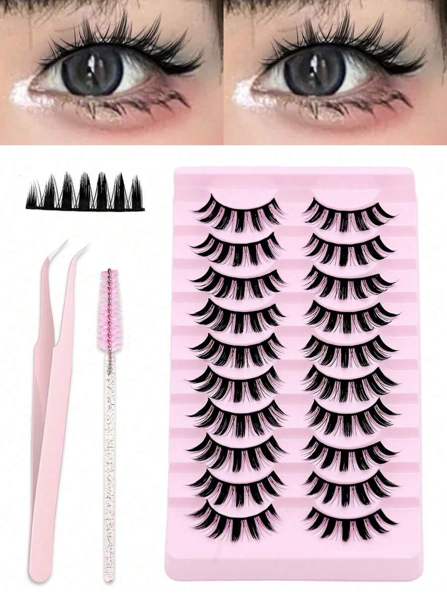 10 Pairs Cartoon Style False Eyelashes Set, Includes 1/5 Eyelash Brushes And 1 Eyelash Curler, Pointed Cat Eye Design, Natural Anime Look, Korean Style Single Cluster Fine False Eyelashes, Japanese Cosplay Exaggerated Dense Eyelash Extensions - Multicolor - View 1