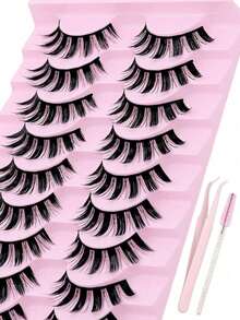 10 Pairs Cartoon Style False Eyelashes Set, Includes 1/5 Eyelash Brushes And 1 Eyelash Curler, Pointed Cat Eye Design, Natural Anime Look, Korean Style Single Cluster Fine False Eyelashes, Japanese Cosplay Exaggerated Dense Eyelash Extensions - Multicolor - View 10