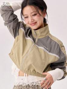 CHUU Contrast Color Zipper Jacket Women Autumn Lace Trim Patchwork Casual Versatile Letter Crop Top - Coffee Brown - View 1