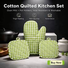 2pcs Heat Resistant Polyester Oven Gloves And Pot Holders Set, Green Coffee Plaid Double-Sided Quilted Insulated Kitchen Glove, Waterproof Non-Slip For Baking BBQ Cooking, Easy Clean Kitchen Essential Tool, Christmas Gift For Home Cooks - View 7