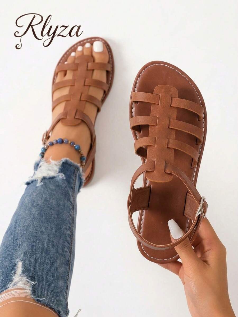 rlyza Women's Fashion Brown Hollow Backless Flat Sandals With Ankle Strap Mule Flat Sandals - Brown - View 1