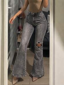 Women's Distressed Stretch Skinny Flare Jeans - Grey - View 5