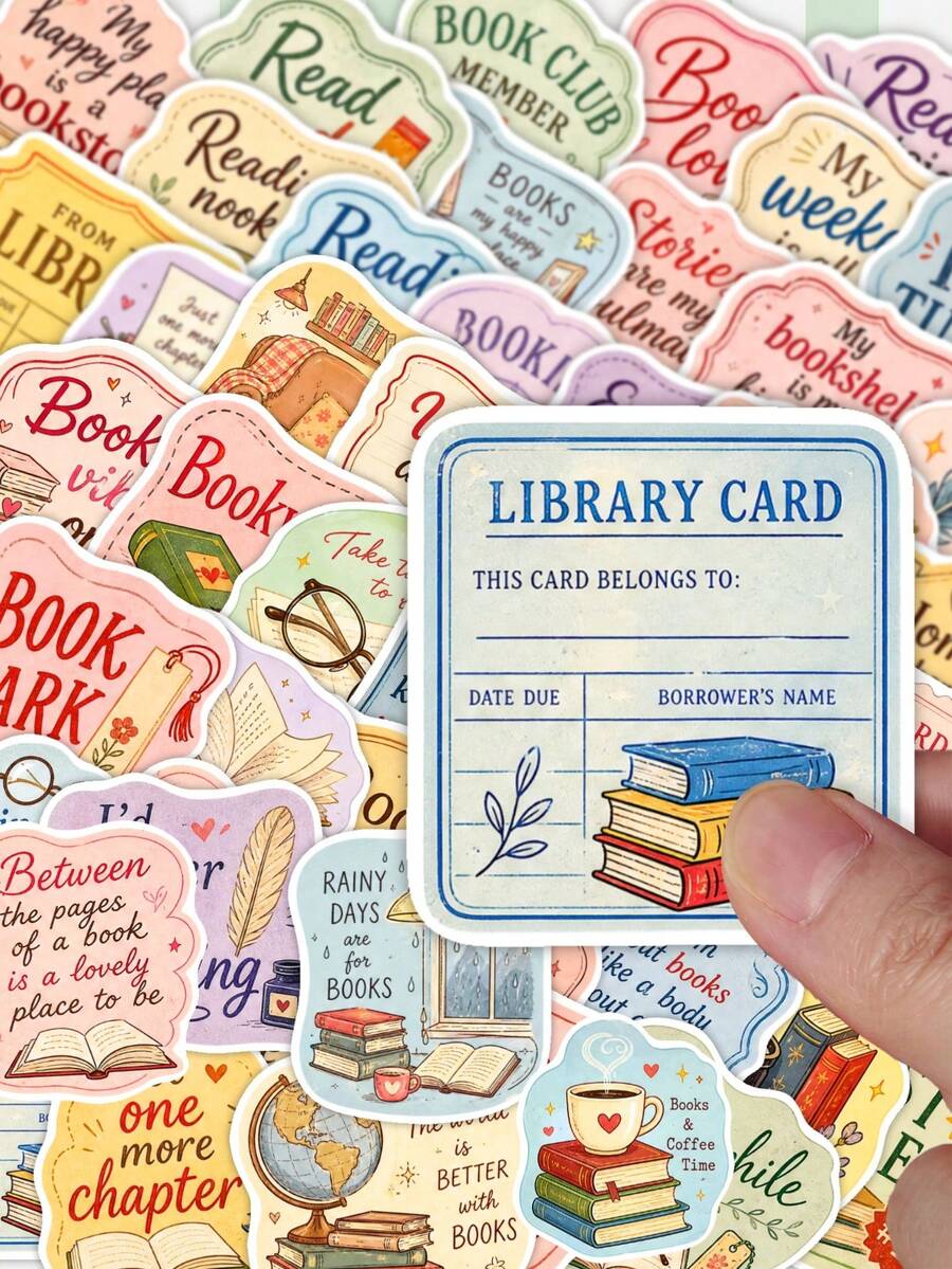 50Pcs Vintage Reading Quote Bookish Stickers, Open Book, Quill Pen & Library Sign Decals, Aesthetic Decor For Water Bottle, Laptop, Luggage, Scrapbook, Journal, Back To School Supplies - Multicolor - View 1