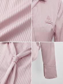 Women's Satin Collar Striped Waist Fitted Long Sleeve Blouse, Sweet & Spicy Style, Spring Pink - Pink - View 8