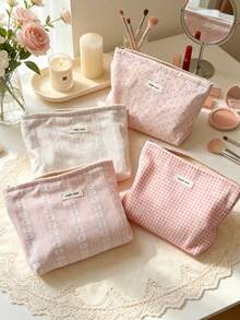 1pc Sweet Pink Cosmetic Bag For Women Soft Fabric Zipper Makeup Organizer Large Capacity Make Up Pouch Jacquard Clutch Pouch Grid & Strip Toiletry Bag - Multicolor - View 3