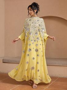 JINLICX Luxury Yellow Kaftan Silver Rhinestone Sequin Floral Embroidery Cape Maxi Dress - Yellow - View 6