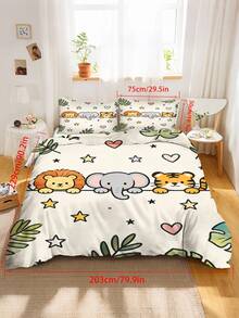 2/3PCS Cartoon Jungle Animals Duvet Cover Set, Cute Lion Elephant Tiger Bedding Set For Kids, Tropical Leaves Heart Star Pattern Bed Set(Twin/Queen/King Size) - Multicolor - View 16