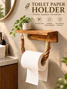 1pc Handwoven Paper Towel Holder, Drill-Free Wall-Mounted Roll Paper Rack, Wall-Mounted Kitchen Paper Towel Holder With Hook. Practical Modern Home Bathroom Accessory, Convenient For Replacing Paper Rolls. - B-Black - View 4