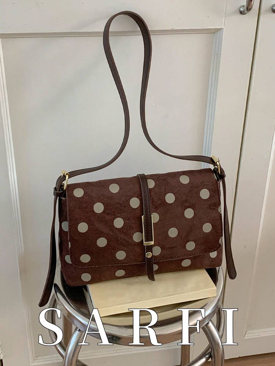 Fashion Contrasting Polka Dot Suede PU Women's Shoulder Bag, Exquisite Hardware Decoration Adjustable Shoulder Strap Shoulder Bag/Crossbody Bag - Coffee Brown - View 1