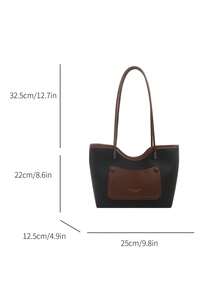 Vintage Colorblock Faux Leather Tote Bag, Front Pocket Design Large Capacity Shoulder Handbag, Suitable For Daily Commute - Multicolor - View 7