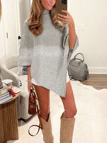 2026 Women's Fashion Oatmeal Knit Loose Cape Shawl Sweater, Suitable For Autumn/Winter Wear, Long Asymmetrical Design, Slightly Elastic, Comfortable And Versatile - Light Grey - View 4