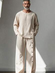 GOLDREDY Summer Japanese Literary Style Men's Loose Round Neck Long Sleeve Asymmetric Button Wide Leg Pants 2 Pieces Set Thin Casual Shirt Set - Apricot - View 1