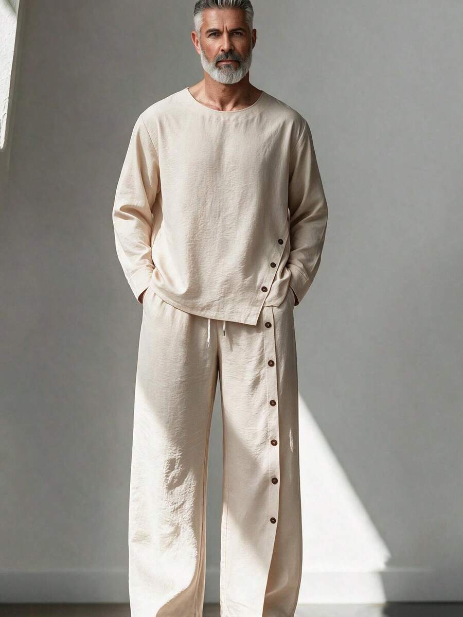 GOLDREDY Summer Japanese Literary Style Men's Loose Round Neck Long Sleeve Asymmetric Button Wide Leg Pants 2 Pieces Set Thin Casual Shirt Set - Apricot - View 1