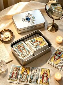 Evil Eye & Hamsa Hand Print Tarot Card Storage Tin Box, Portable Metal Tarot Deck Holder, Witch Astrology Oracle Card Box, Can Store Crystal Jewelry, Oracle Card Tin Box, Astrology Divination Accessories, Birthday, Halloween, Christmas Gift (Cards Not Included) - Multicolor - View 2