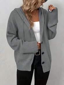 Women's Long Sleeve Single-Breasted Casual Solid Color Drawstring Hooded Cardigan Fall - Grey - View 3