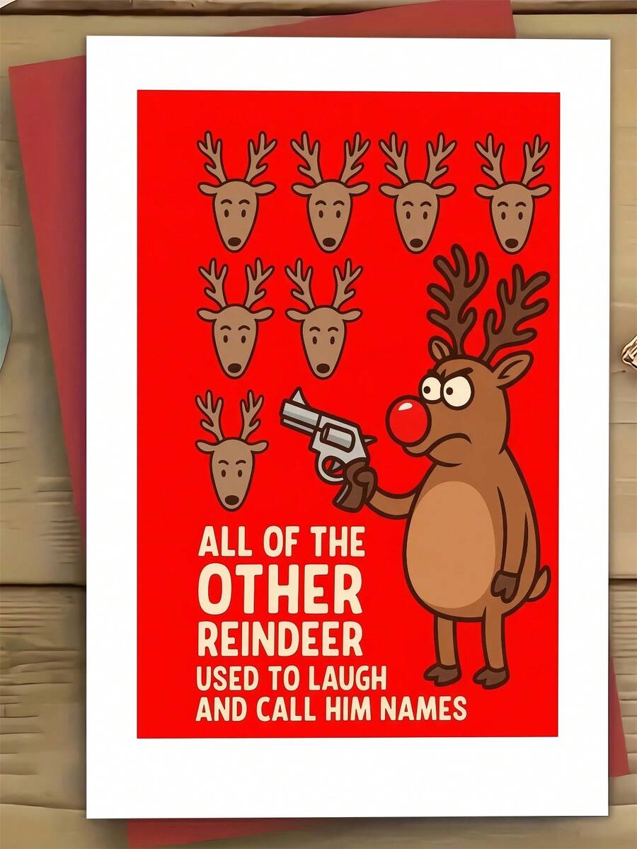 1pc Funny Christmas Card For Friend, Brother, Coworker – Reindeer Cartoon Illustration, Holiday Humor, Thickened, With Envelope - A - View 1