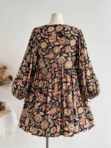 Rusttydustty Women's Plus Size Printed Lace Patchwork Long Sleeve Loose Bohemian Vacation Style Dress, Suitable For Autumn/Winter Elegant - Black - View 4