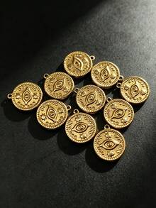 5/10pcs European & American Style Evil Eye Round Pendant, 18K Gold Stainless Steel Distressed Gold Star Embossed Coin, DIY Necklace Earring Jewelry Accessories - Yellow Gold - View 2
