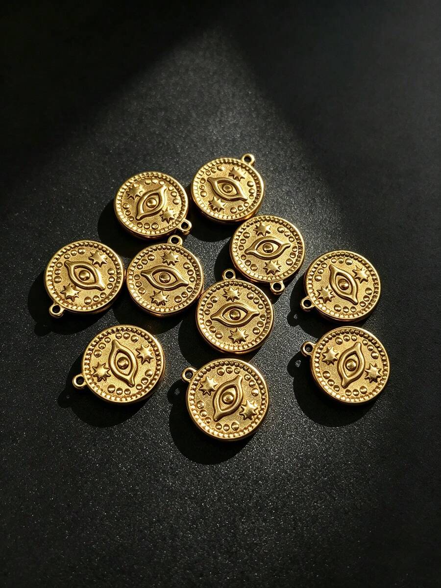 5/10pcs European & American Style Evil Eye Round Pendant, 18K Gold Stainless Steel Distressed Gold Star Embossed Coin, DIY Necklace Earring Jewelry Accessories - Yellow Gold - View 1