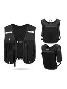 Chaleco reflectante ligero para correr con soporte para botella de agua y bolsillo para teléfono, chaleco mochila ajustable para ciclismo, malla transpirable, múltiples compartimentos de almacenamiento, equipo deportivo para running, ciclismo, senderismo y actividades al aire libre, cómodo para llevar accesorios - Negro - Ver 1