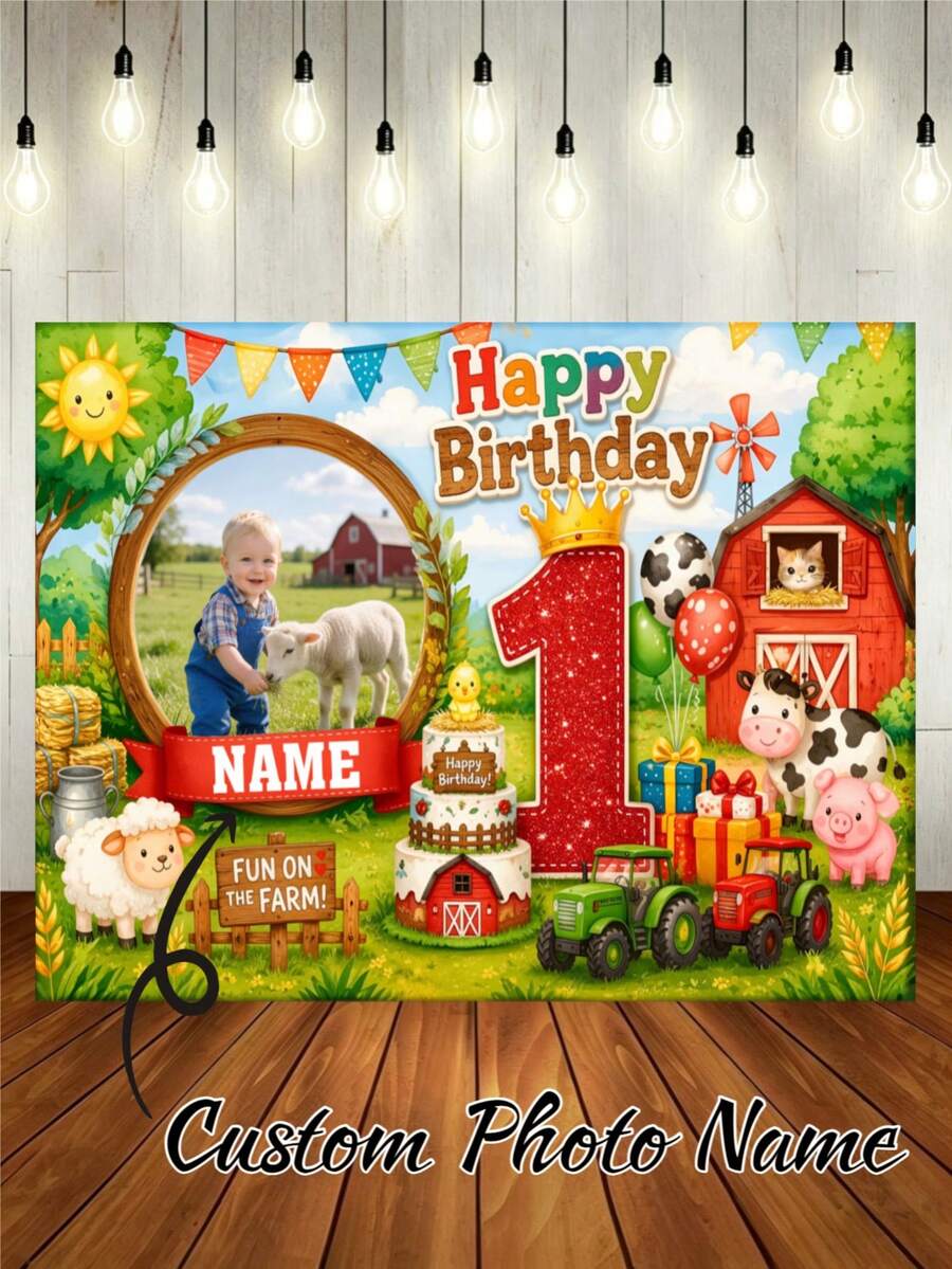 可客製化照片與姓名 1 歲生日農場主題生日背景布，紅色穀倉、乾草捆、拖拉機、禮物盒、氣球、可愛卡通牲畜圖案設計，適用於 1 歲生日、嬰兒洗禮、送禮及其他派對背景裝飾攝影橫幅乙烯基