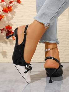 Black And White Color Block Pointed Toe Slingback Stiletto High Heel Pumps For Women With Bow Decor And Buckle Strap, Party Dress Shoes - Black - View 5